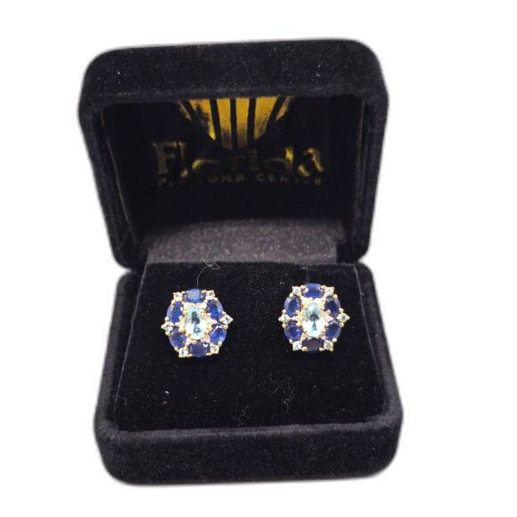 14KT YELLOW GOLD 4.90G DIAMOND / TOPAZ / SAPPHIRE STUD EARRING SET(150516-2)